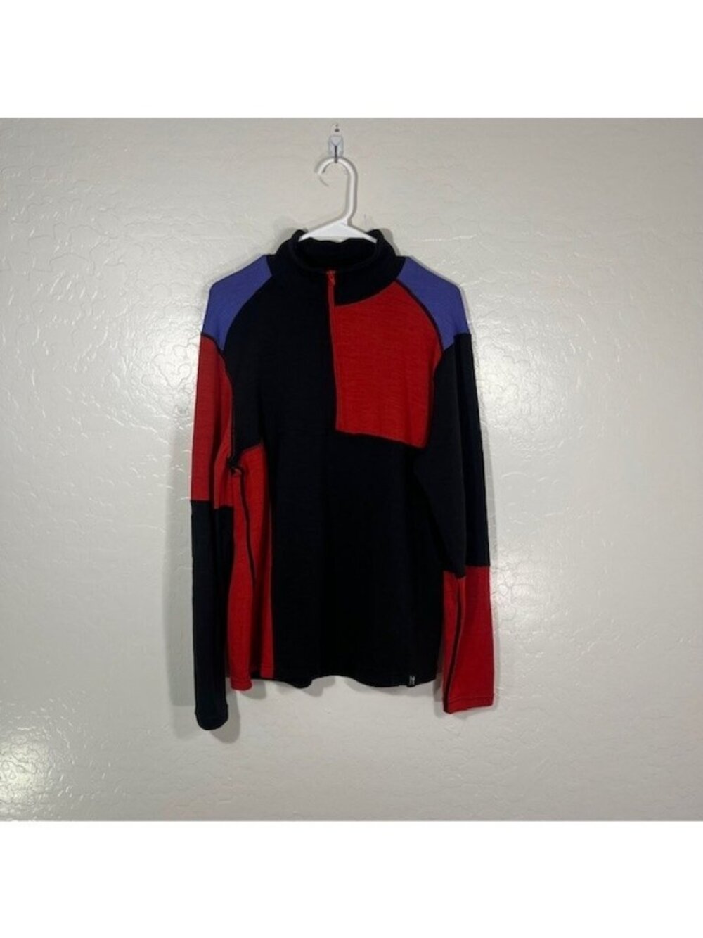 NEVE Wool Sweater Womens Large Red Black Colorblock 1/4 Zip Pullover